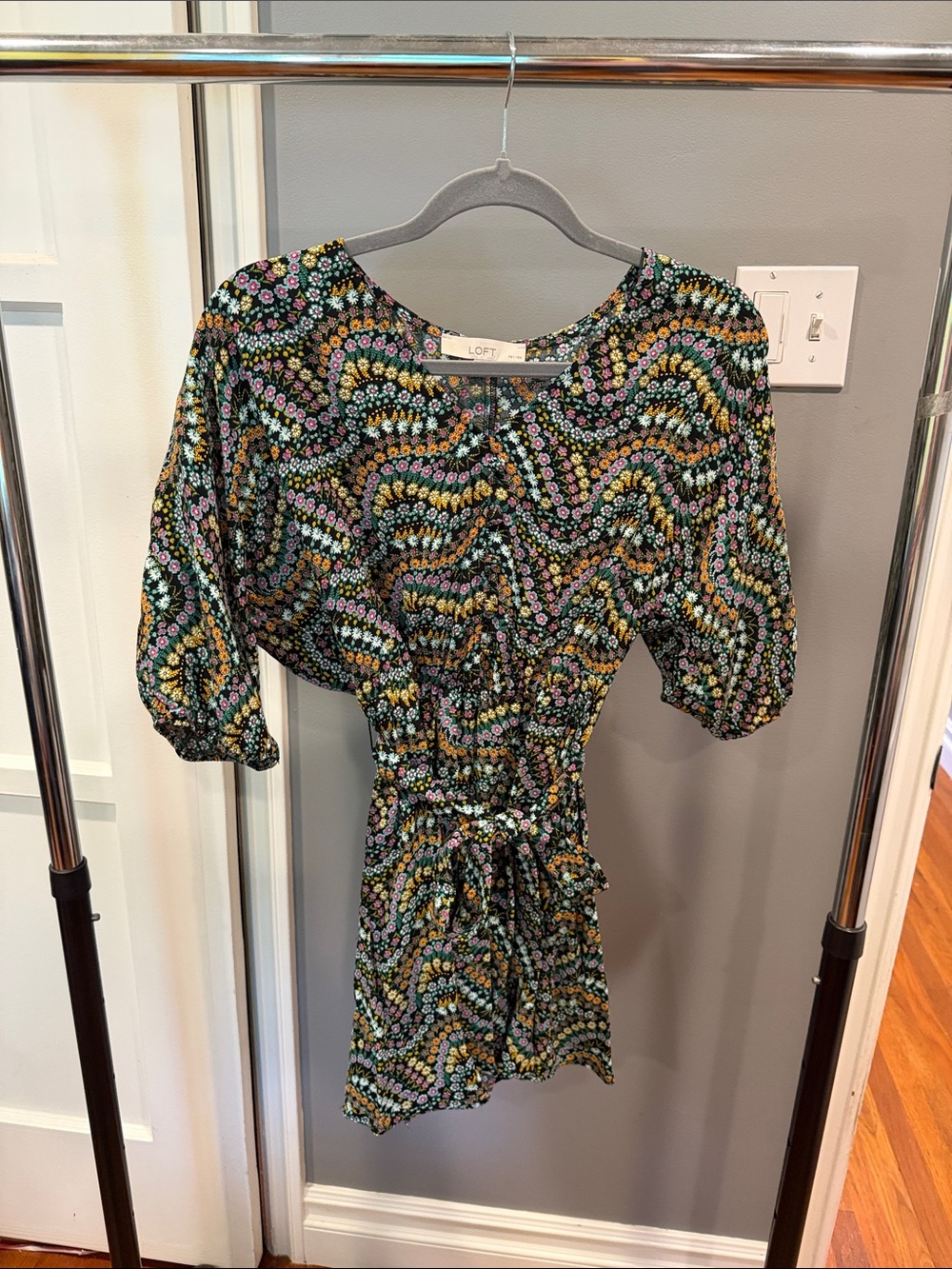 LOFT Black Floral Wave Short Dress with Yellow, Green & Lavender